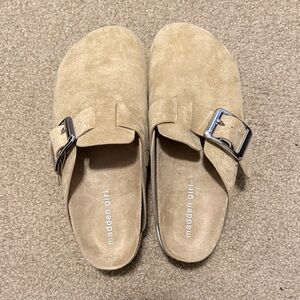 Madden Girl Beige Suede Buckle Clogs